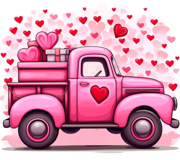 Photo cartoon pink truck with hearts and a heart shaped box on the bed generative ai