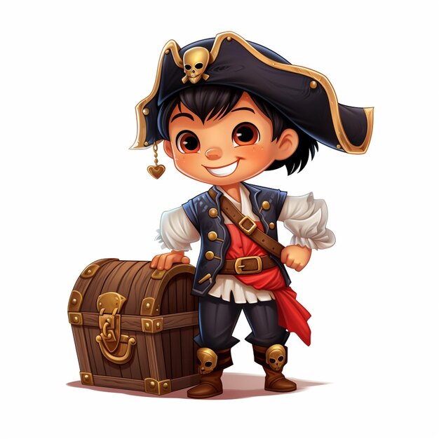 cartoon pirate boy with a chest and a pirate hat generative ai