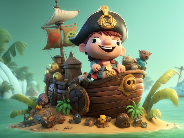 A cartoon pirate on a ship with a pirate hat on it.