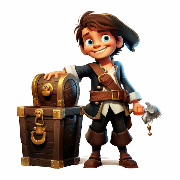 Фото Карикатурный пират с грудью и мечом, стоящий рядом с грудной клеткой с генеративным ключом.