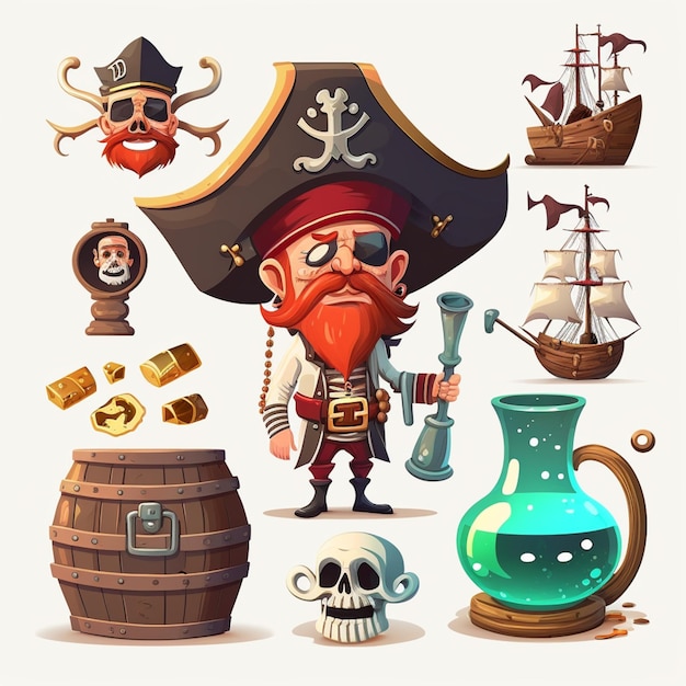 Карикатурный пират с различными предметами и объектами для игры генеративный ай