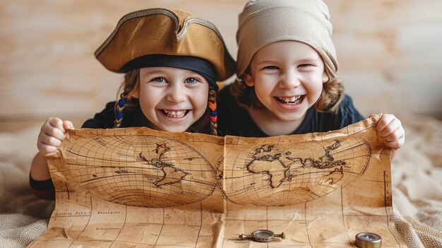 Photo cartoon pirates on a treasure hunt adventure with a map and compass