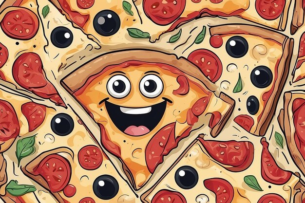 Photo cartoon pizza slice with a happy face and eyes generative ai