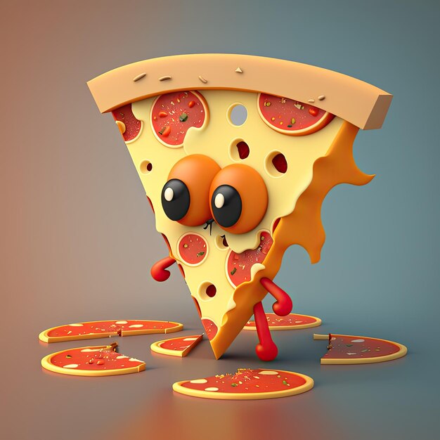 A cartoon of a pizza with eyes and a nose that says " pizza ".