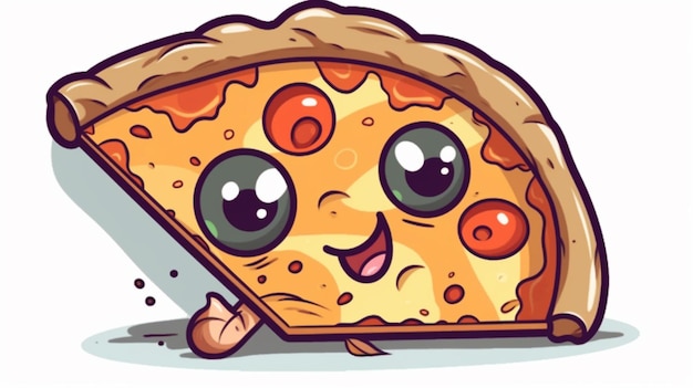 A cartoon pizza with eyes and a smile on it