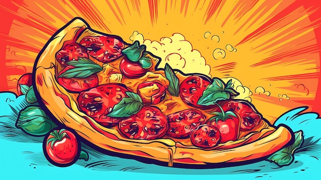 A cartoon of a pizza with tomatoes on it.