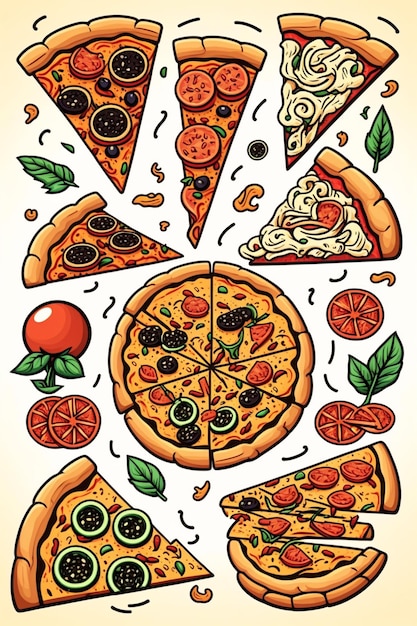 Foto un cartone di pizze con diversi condimenti tra cui uno che dice pizza.