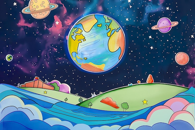 Photo cartoon planet earth in the space with planets and stars
