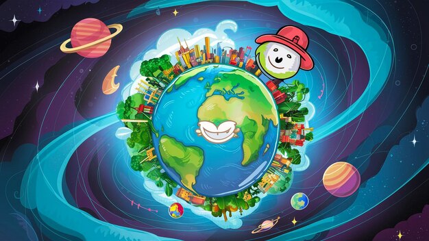 Photo a cartoon of a planet with a cartoon face and a red hat on it