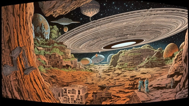 Photo a cartoon of a planet with a large ufo in the center.