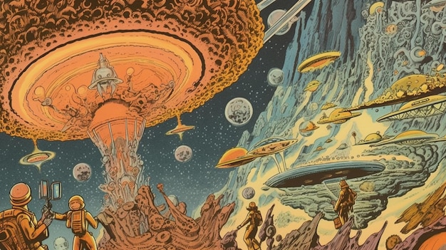 A cartoon of a planet with a ufo in the background.