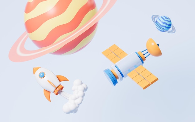 Cartoon planets and satellite in the blue background 3d rendering