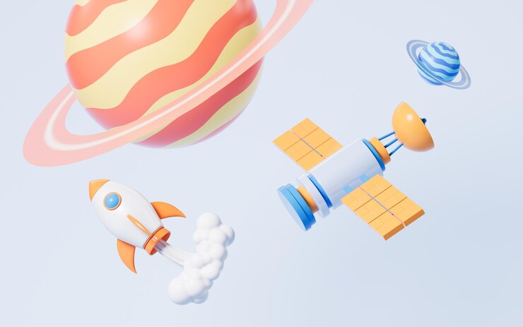 Photo 만화 행성 및 위성 파란색 배경 3d 렌더링