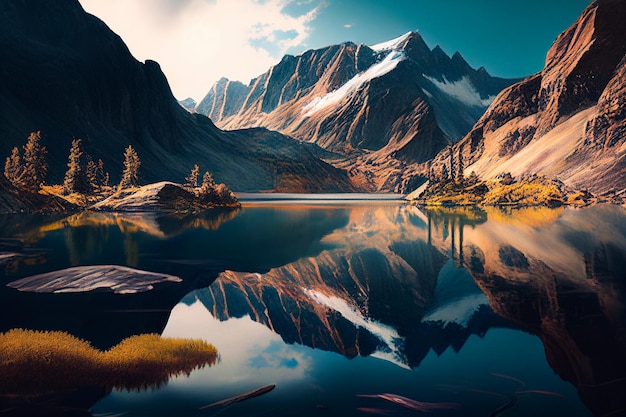 Cartoon plat panorama van de lente zomer prachtige natuur, groene graslanden weide met bloemen, bos, schilderachtig blauw meer, bergen op de horizon achtergrond, bergmeer landschap illustratie.