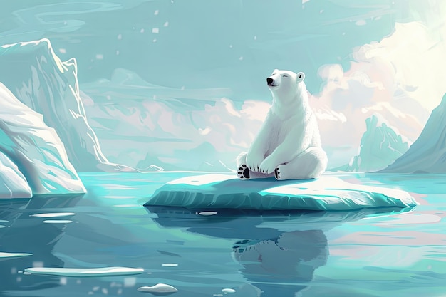 cartoon polar bear practicing yoga on an iceberg finding inner peace amidst the frozen landscape