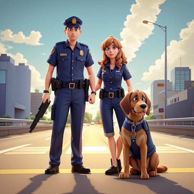 Cartoon police man and woman with bloodhound on highway illustration