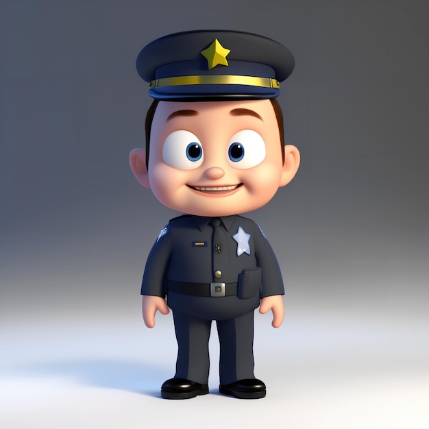 A cartoon police officer is standing in a pose with a smile on his face and a black uniform AI