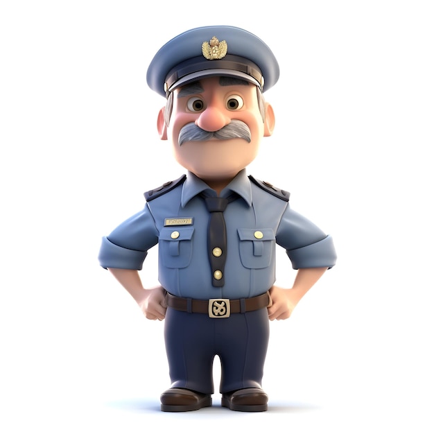 Cartoon policeman with mustache standing with his hands in pockets and looking at the camera