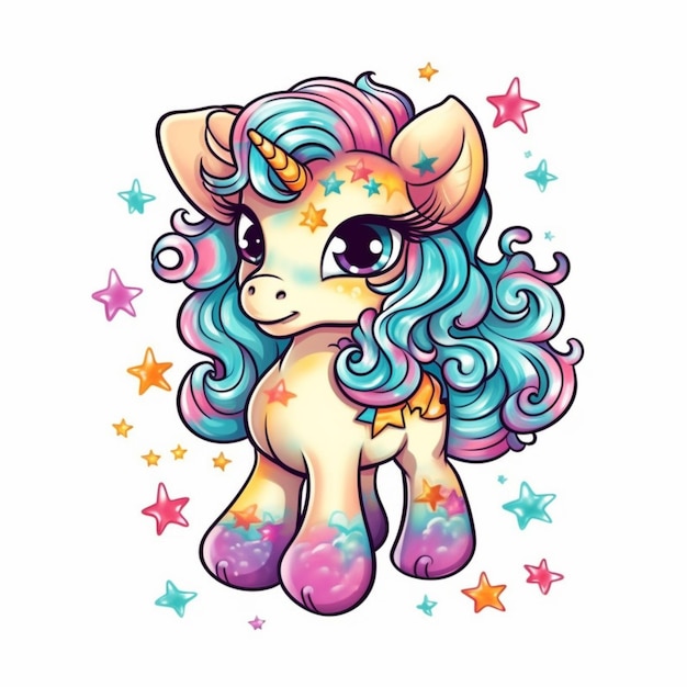 Photo a cartoon pony with a colorful mane and stars on its head generative ai