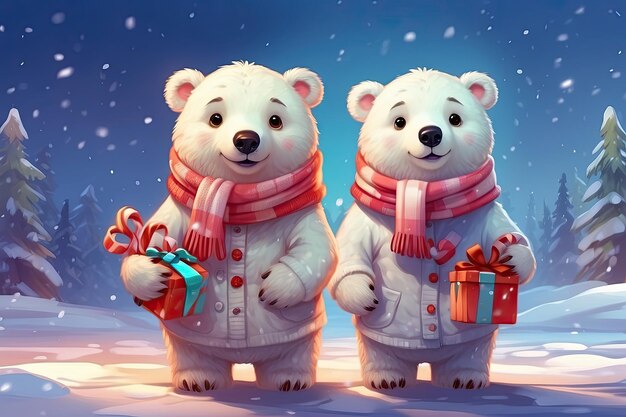 Photo a cartoon portrait of a couple kind polar bear in a red scarf a children's character on a christmas