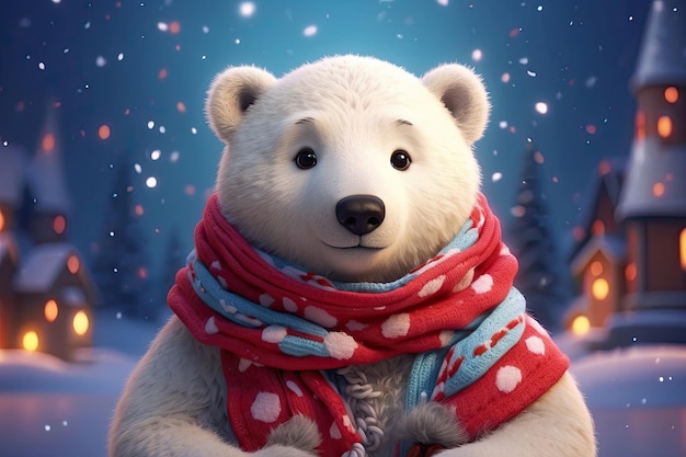 A cartoon portrait of a kind polar bear in a red scarf a children's character on a Christmas