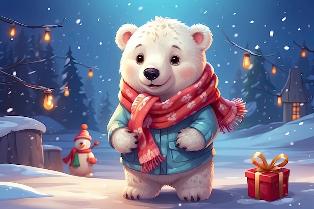 A cartoon portrait of a kind polar bear in a red scarf a children's character on a Christmas