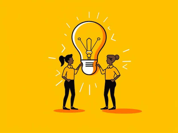 Cartoon portrayal of two women holding a light bulb against a yellow backdrop AI generated