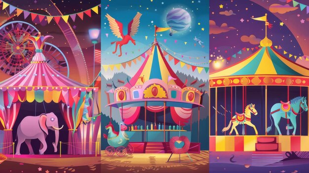 Cartoon posters set with circus show banners ice cream booth and carousel big top circus tents elephants phoenix invitation flyers funfair tickets