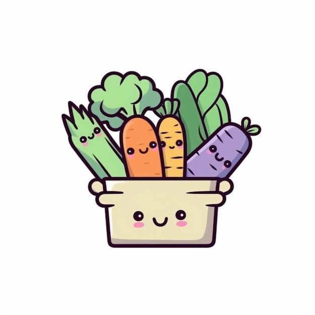 Photo a cartoon pot filled with vegetables and vegetables with faces generative ai