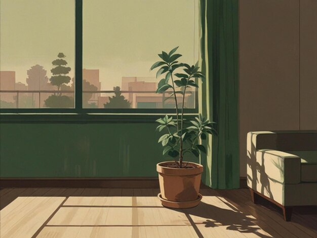 a cartoon of a potted plant in a room