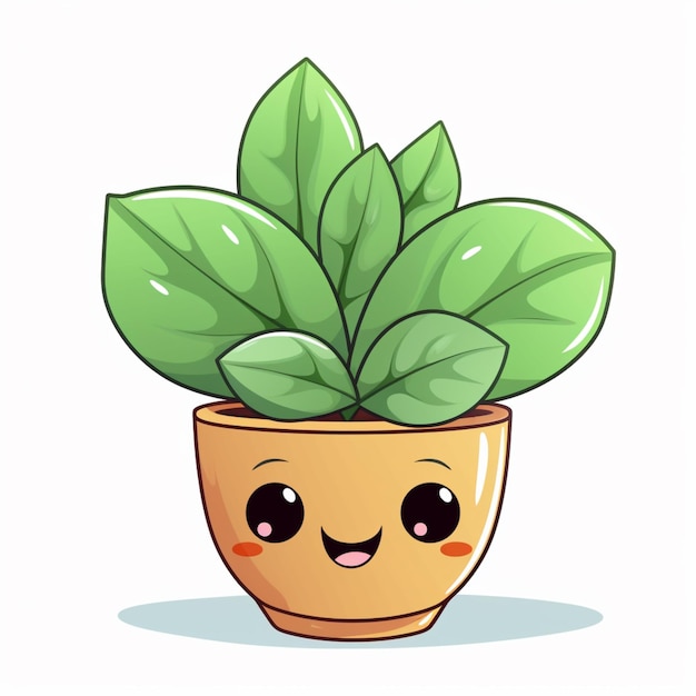 Photo cartoon potted plant with green leaves and eyes on a white background generative ai