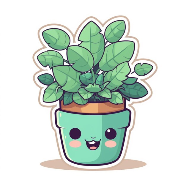 cartoon potted plant with green leaves and a happy face generative ai