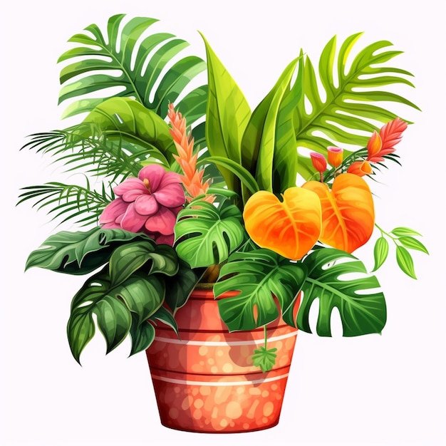Foto una pianta in vaso di cartone animato con foglie e fiori tropicali ai generati