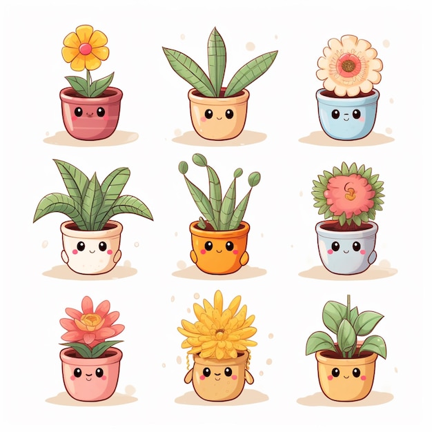 cartoon potted plants with faces and eyes are shown in a row generative ai