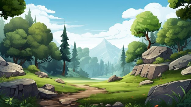 Photo cartoon prehistoric forest game asset trees stones and hill