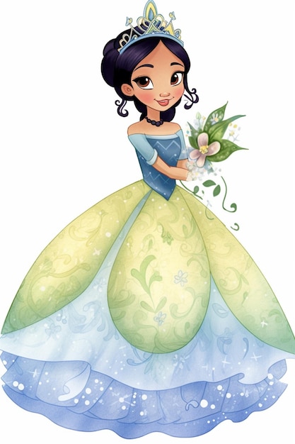 a cartoon princess in a blue dress holding a flower generative ai