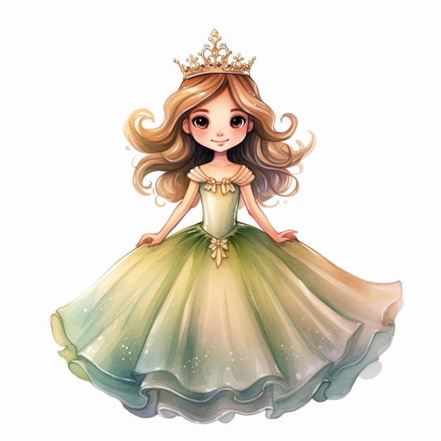 Cartoon princess in a green dress with a tiable and a gold crown generative ai