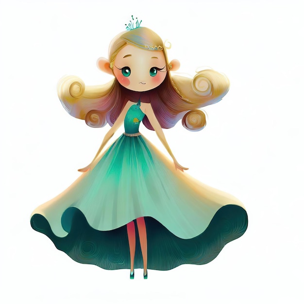 「プリンセス」という文字が入った緑のドレスを着た王女の漫画。