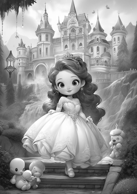 Photo a cartoon princess in a white dress standing on a staircase generative ai