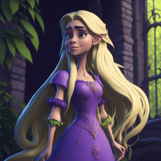 a cartoon of a princess with long hair.