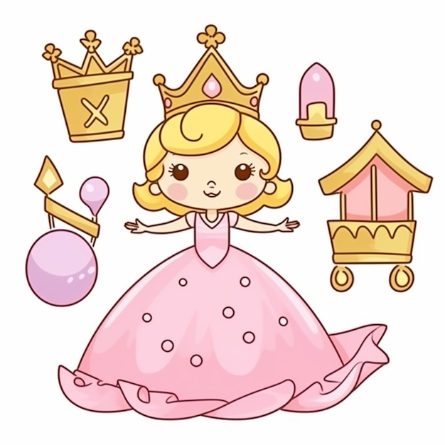 a cartoon princess with a pink dress and crown surrounded by toys generative ai