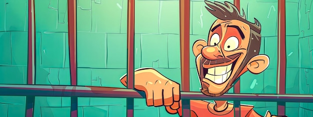 Карикатурный заключенный, опирающийся на тюремные решетки.