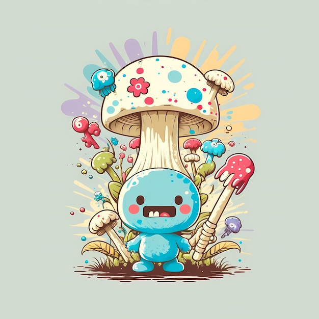 Photo cartoon psychedelic mushrooms monster colorful illustrations