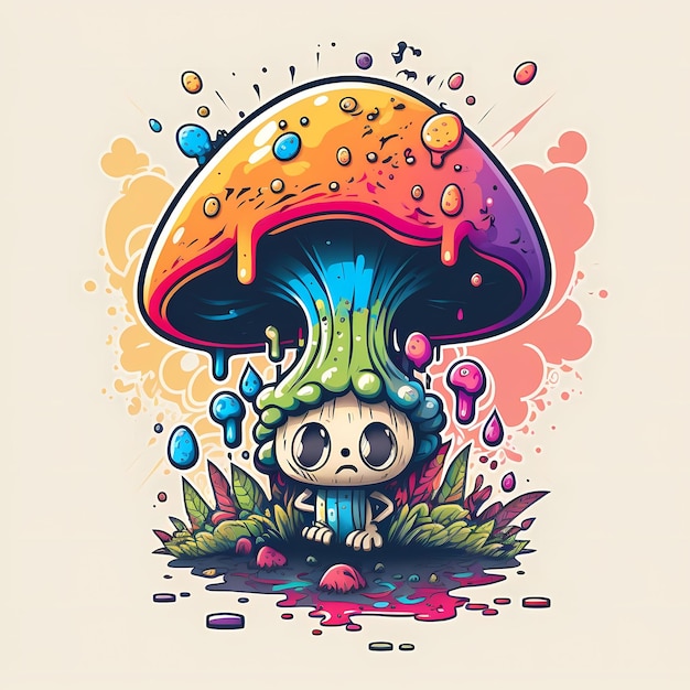 Cartoon psychedelic mushrooms Monster colorful illustrations