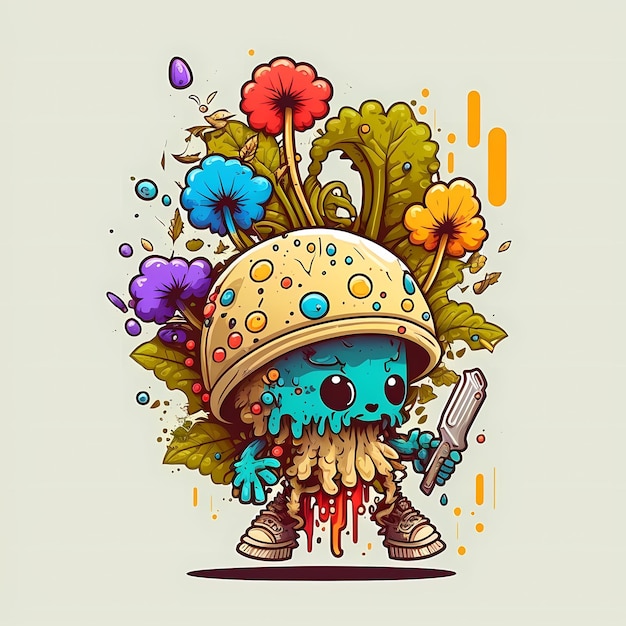 Cartoon psychedelische paddestoelen Monster kleurrijke illustraties