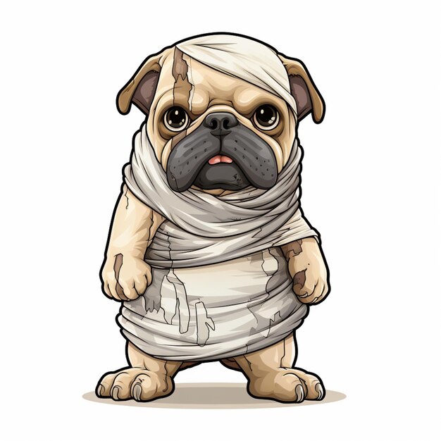 cartoon pug dog with bandage on his head and legs generative ai