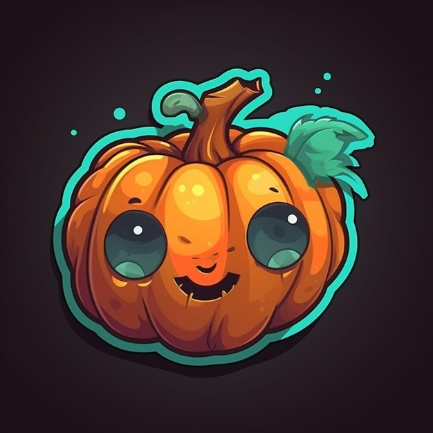 Cartoon pumpkin with eyes and leaves on a dark background generative ai