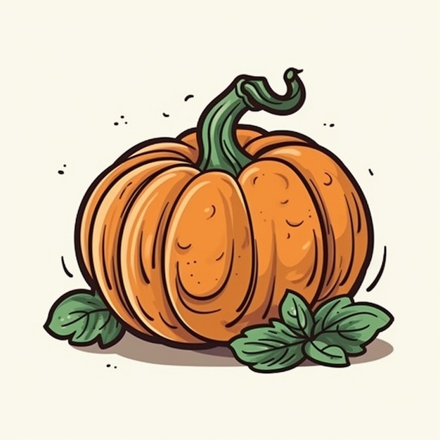 A cartoon pumpkin with a green leaf on it