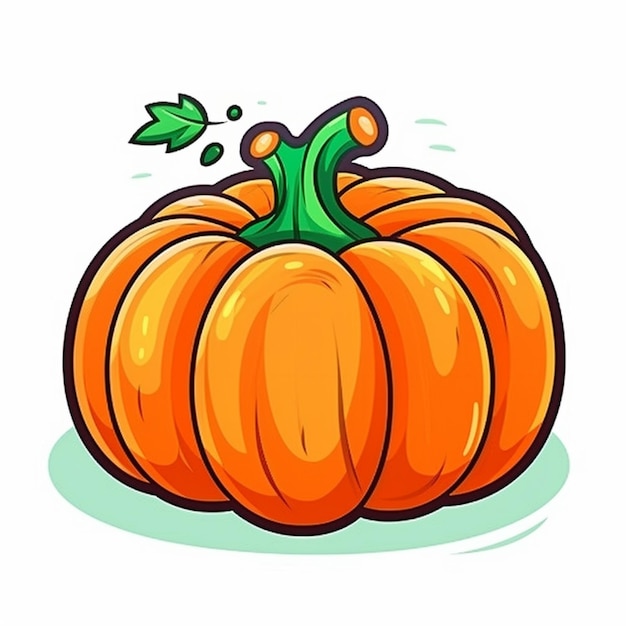 A cartoon pumpkin with a green stem and leaves on top generative ai