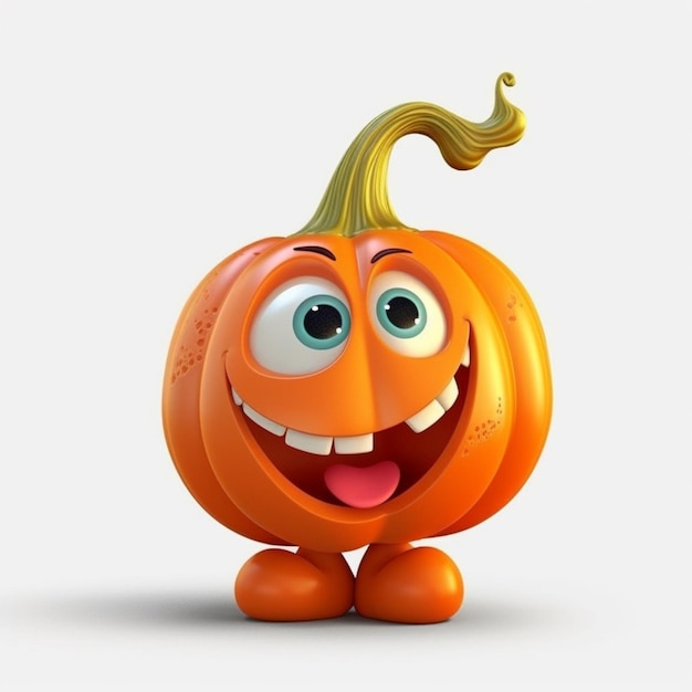 A cartoon pumpkin with a happy face and green eyes.